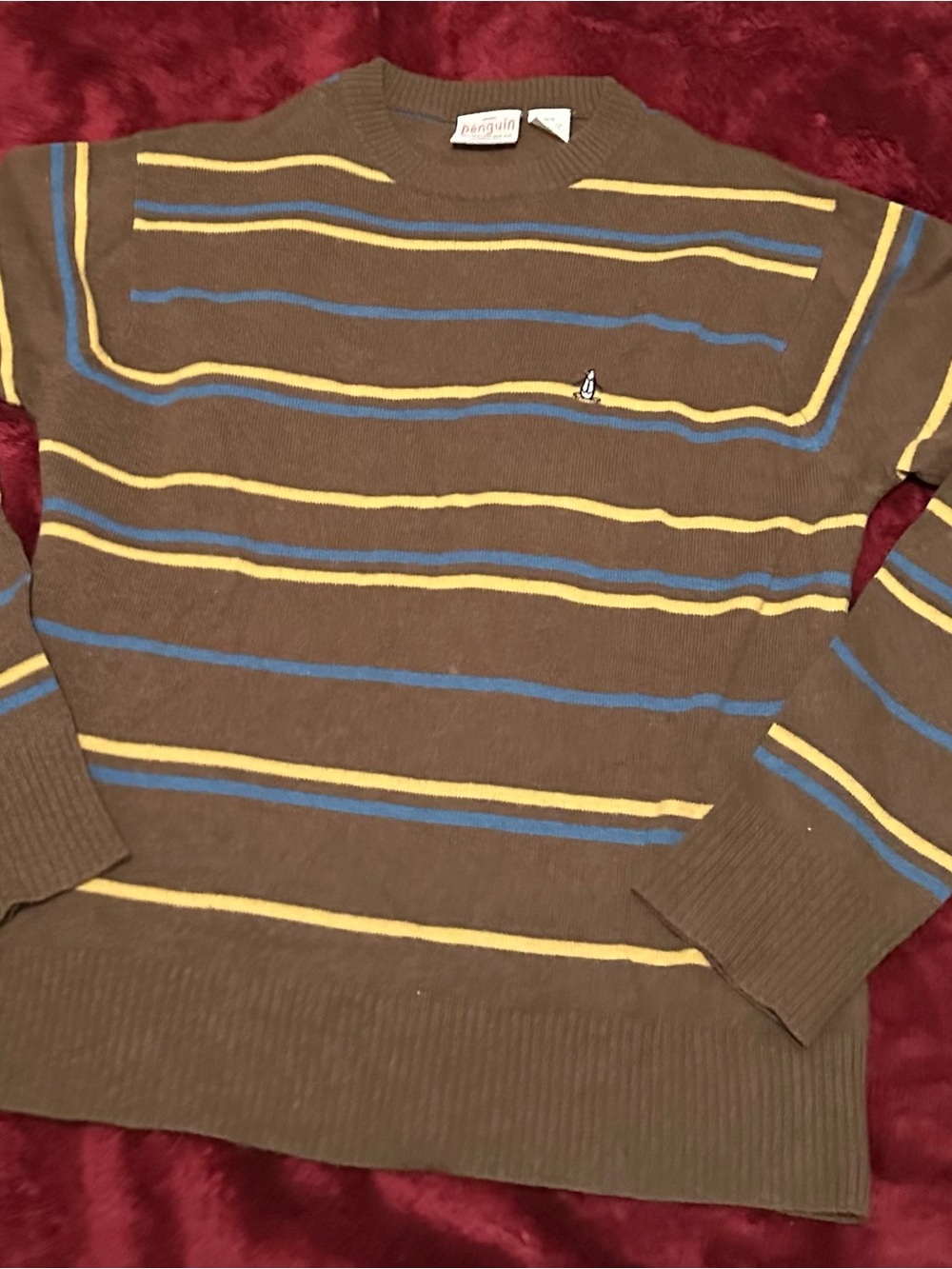 Original Penguin Brown Crewneck Sweater with Yellow & Blue Stripes